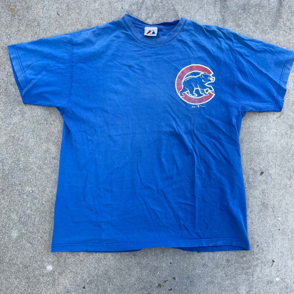 Vintage Majestic Chicago Cubs Crawling Bear Logo Tee Blue Faded Mens L MLB